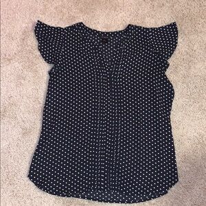 Women's Navy Blue and White Polka Dot Cap Sleeve Ruffle Blouse Medium